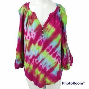 Tie-Dye Peasant Top Size M Embroidered Hippie Boho Shirt Merona OOAK
